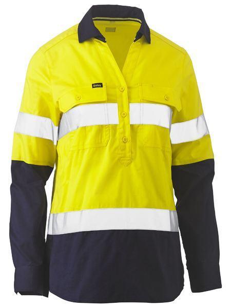 Bisley Workwear Work Wear Yellow/Navy / 6 Bisley WOMENS TAPED HI VIS STRETCH V-NECK SHIRT BLC6064T